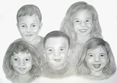 pencil portrait drawn children family group