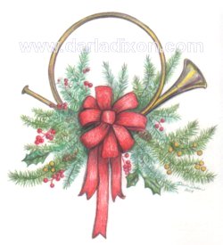 french horn pencil holly christmas berries art 