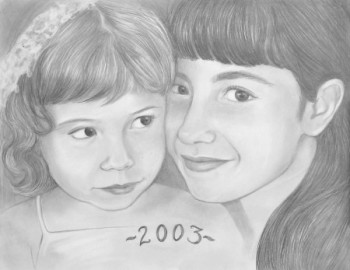 pencil portrait drawn of sisters hugging